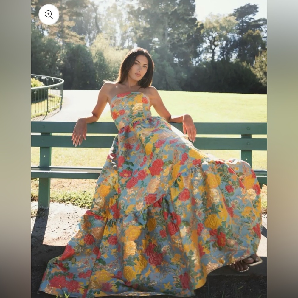 Mac Duggal Multicolor Strapless Floral Brocade Dress with Ruffles size 0 - Picture 6 of 7